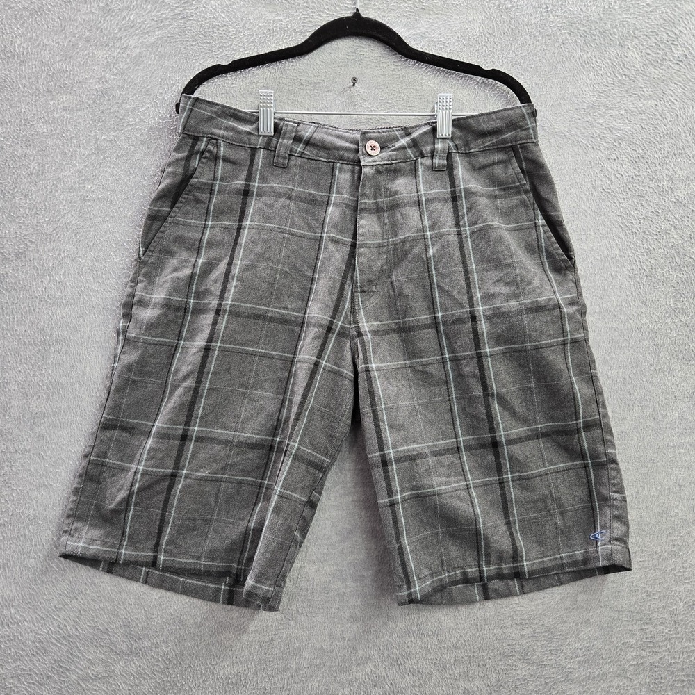 O'Neill Men Shorts 32 Gray Logo Embroidery Plaid Chino Button 12" Inseam